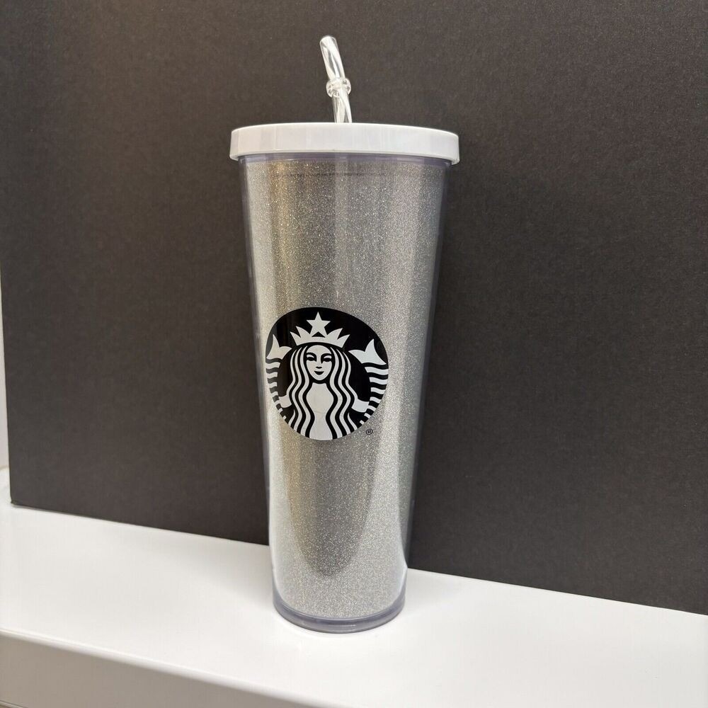 STARBUCKS White Glitter Tumbler Cup 24oz Venti With Straw